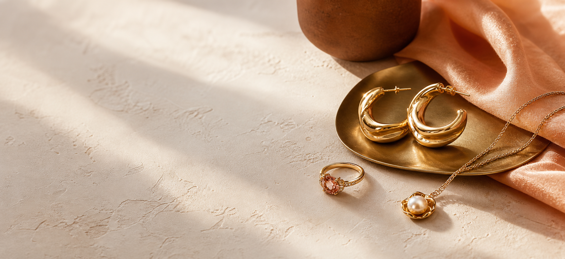 Gold-tone earrings, necklace and ring on a warm ivory surface