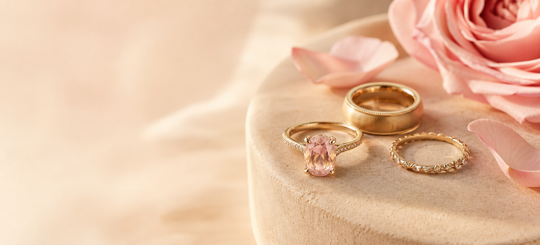 Gold rings with a blush gemstone on a warm stone pedestal